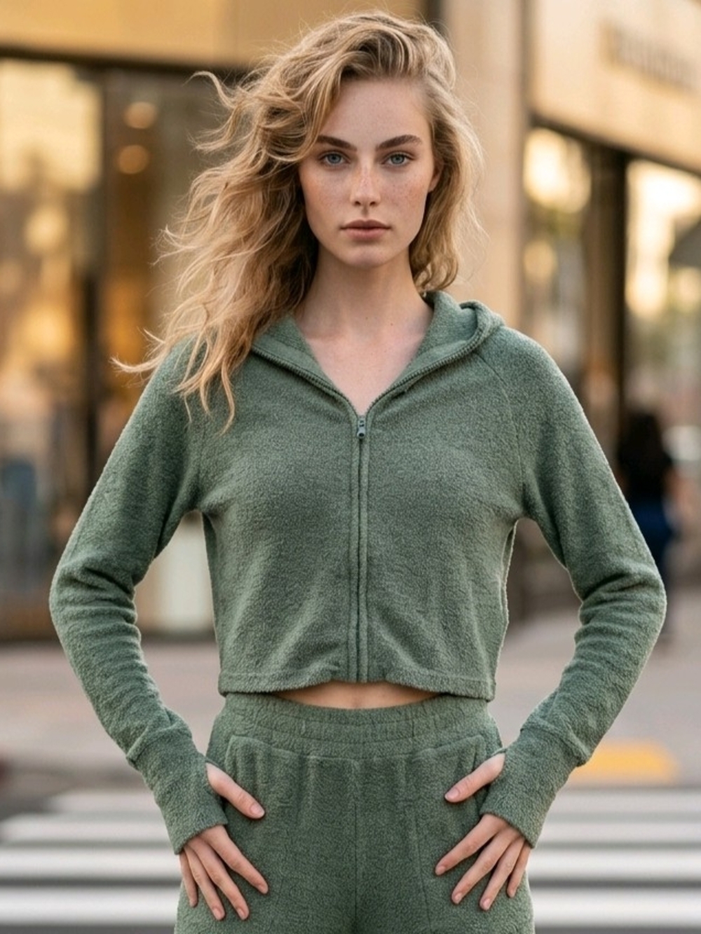 Sincerely Jules by Victoria's Secret Sage Green Cropped Zip-Up Sweatshirt  M EUC
